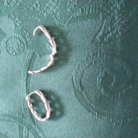 SILVERTONE TWISTED HOOP EARRINGS WITH ZIRCONS HINGED FOR PIERCED EARS - Picture 2 of 5